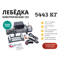 Лебедка электрическая 12V Electric Winch 12000lbs / 5443 кг IP66 стальной трос 9х17 (влагозащита, радиоуправление, моносоленоид)